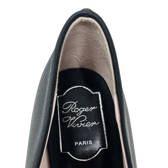 Roger Vivier Trompette Crystal Buckle Squared Toe Black Satin 70mm Pumps Size 11 - Picture 14 of 16